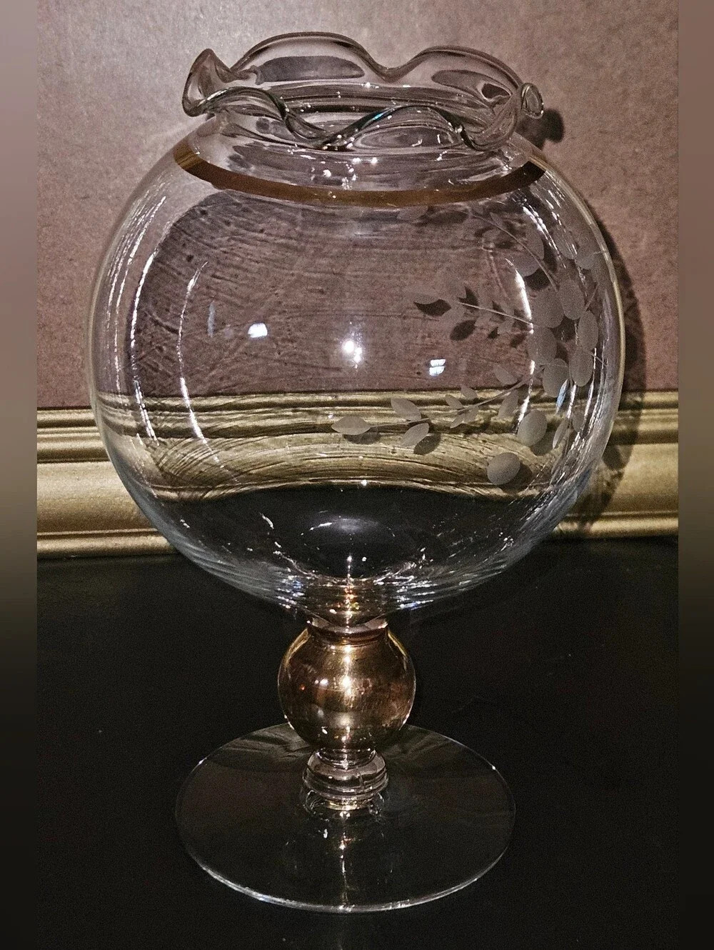 Vintage Glass Rose Bowl Pedestal Vase with Etched Berries and Gold Accents